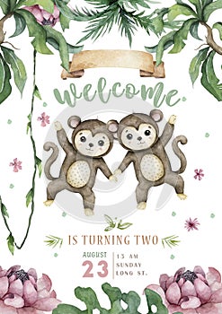Baby Shower template with cute baby monkey. Safari animal cartoon illustration for birthday card