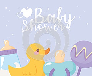Baby shower, toys duck rattle pacifier and bottle milk, celebration welcome newborn