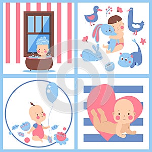 Baby shower vector. Baby boy, girl invite design. Cute birth party background. Happy greeting poster with cartoon