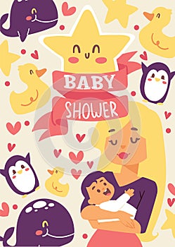 Baby shower vector illustration. Mother holding her little baby. Smiling mom with cheerful kid. Cute duck, star, whale