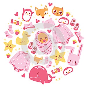 Baby shower vector illustration. Newborn girl arrival and shower collection with accessories for kid. It s a girl