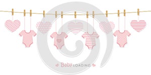 Baby shower welcome greeting card for childbirth with hanging bodysuits