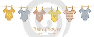 Baby shower welcome greeting card for childbirth with hanging bodysuits