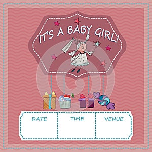 Baby shower and welcome greeting card. Text It`s a Baby Girl. Li