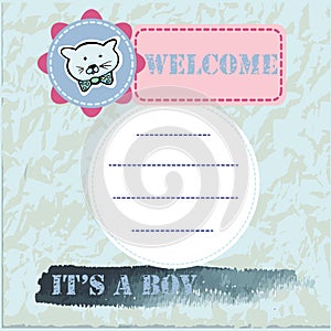 Baby shower and welcome greeting card. Text It`s a Boy, Welcome.