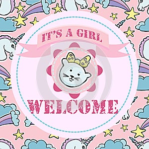 Baby shower and welcome greeting card. Text It`s a Girl, Welcome