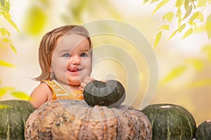 Baby siting with pumpkin harvest in autumn backyard