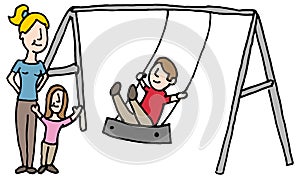 Baby sitter with kids on swing set