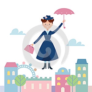 Baby Sitter Mary Poppins Flying Over the Town. Vector Illustration