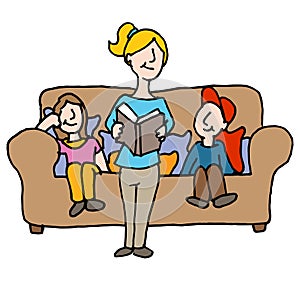 Baby sitter reading to children