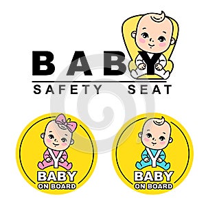 Baby sitting on car seat. Baby on board logotype.