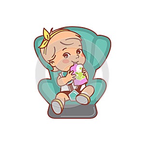 Baby sitting on car seat, eat, drink