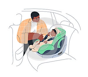 Baby sitting in safety car seat. Father fastening kid in toddlers auto chair. Cute little boy in carrier. Dad parent