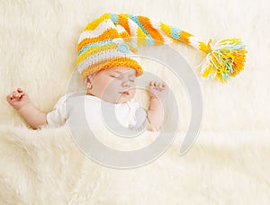Baby Sleep in Hat, Sleeping Newborn Kid in Bed, Asleep New Born