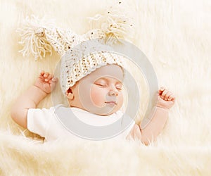 Baby Sleep, Newborn Kid in Woolen Hat Sleeping on White Blanket