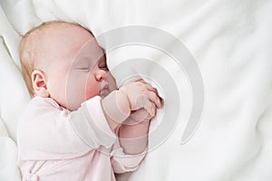 Baby Sleeping, 3 months old Kid in pink cloth Sleep on a white blanket, Child Asleep in bed