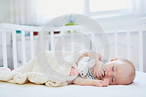 Baby sleeping in co-sleeper crib attached to parents` bed