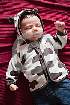 Baby sleeping in cow jacket