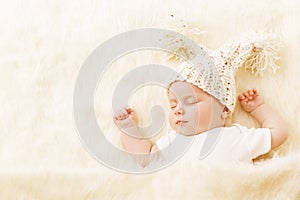 Baby Sleeping, Newborn Kid Portrait in Hat, New Born