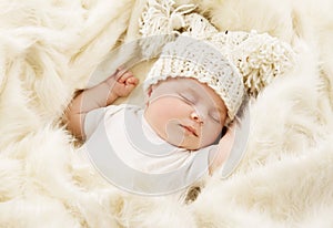 Baby Sleeping, Newborn Kid Sleep in Hat, New Born Girl