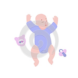 Baby sleeps with baby accessories. Infant in a bodysuit lies resting.