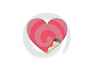 A baby sleeps in the big heart or love symbol