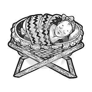 Baby sleeps in the cradle sketch engraving vector