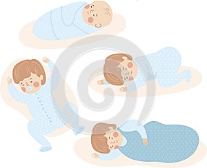 Baby sleeps in various poses. 0-12 month. different sleeping positions. Swaddled newborn. Toddler sleeps in a sleeping bag