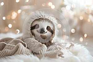 This baby sloth, snug in a wintry hood, revels in the festive season photo