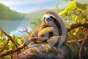 Baby sloth on a tree in the jungle, 3d illustration