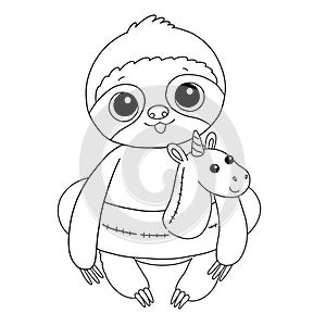 Baby sloth with unicorn rubber ring coloring page