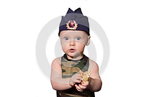 baby soldiers in military uniform is isolated on a white background. Boy in uniform of the Soviet soldier