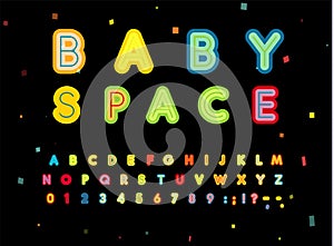 Baby space letters and numbers set. Bold children style, headline vector latin alphabet. Font for kids events, birthday