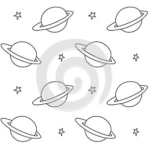 Baby space seamless pattern. Cartoon outline planet saturn and stars. Vector cosmic background and texture. For kids design,