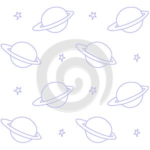 Baby space seamless pattern. Cartoon outline planet saturn and stars. Vector cosmic background and texture. For kids design,