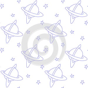 Baby space seamless pattern. Cartoon outline planets and stars. Vector cosmic background and texture. For kids design, fabric,