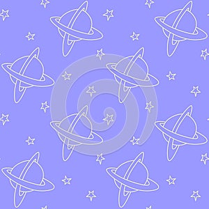 Baby space seamless pattern. Cartoon outline planets and stars. Vector cosmic background and texture. For kids design, fabric,