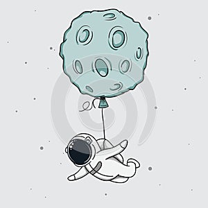 Baby-spaceman fly with moon like a balloon