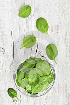 Baby spinach leaves in bowl on white rustic table, organic and healthy food