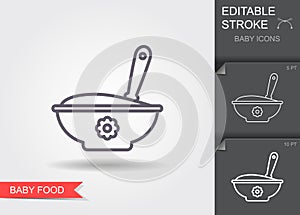 Baby spoon and bowl full of meal. Line icon with editable stroke with shadow