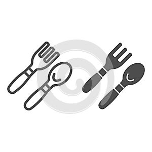 Baby spoon and fork line and glyph icon. Cutlery vector illustration isolated on white. Baby dining tools outline style