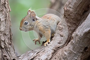 baby squirrel climbing tree trunk, its bushy tail visible