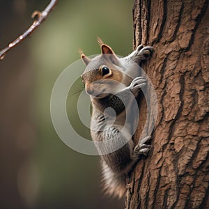 A baby squirrel clinging to a tree branch, with its tail wrapped around it1