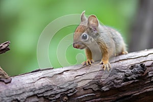 baby squirrel, perched on fallen tree branch, watching the world go by