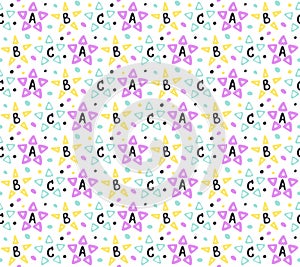 Baby stars, ABC seamless pattern. Hand drawn doodle paint brush design, alphabet font, gender neutral bright color