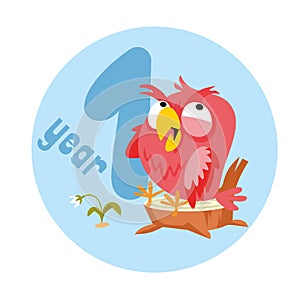 Baby sticker icon with cute bird owl for one year old baby. Vector illustration in cartoon scandinavian style with