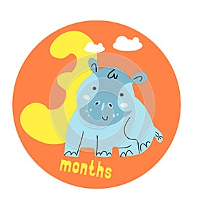 Baby sticker icon with cute little hippo animal for three months old baby. Vector illustration in cartoon scandinavian