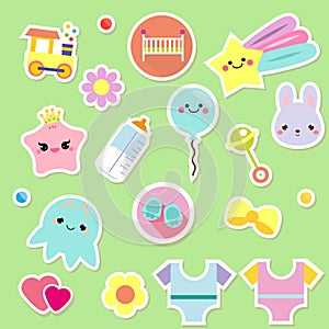 Baby stickers. Kids, children design elements for scrapbook. Decorative vector icons with toys, clothes, sun and other cute newbor