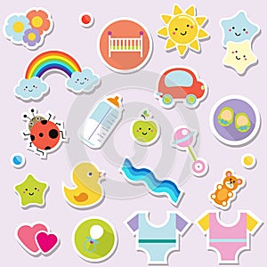 Baby stickers. Kids, children design elements for scrapbook. Decorative vector icons with toys, clothes, sun and other cute newbor