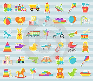 Baby stickers, toys set. Vector illustration in flat design